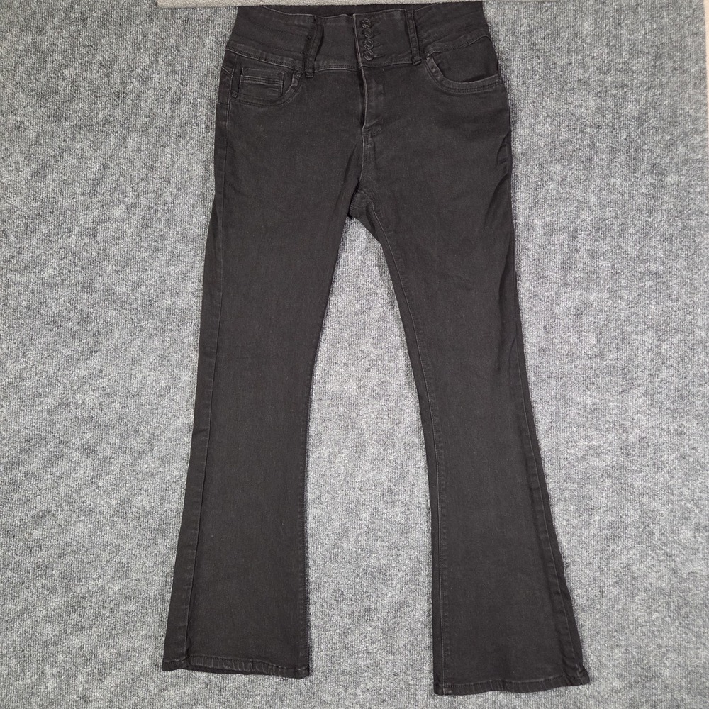 Bamboo Jeans Women 13 Black High Rise 4 Button Bootcut Flare Stretch Denim Pants
